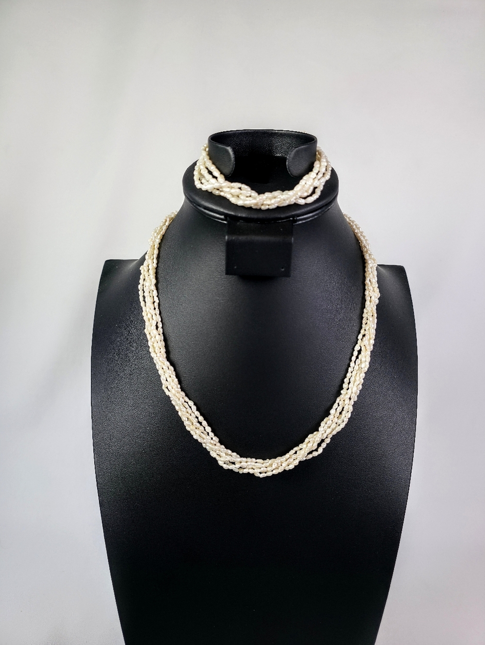 Vintage Freshwater Seed Rice Pearl Necklace Bracelet Set Six Strand Ivory Bride